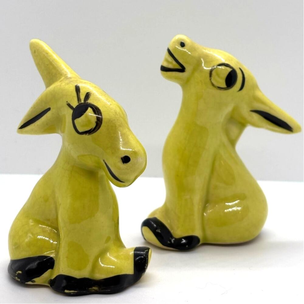 Vintage Paid of Mid Century Modern Yellow Ceramic Donkey Figurines, Japan